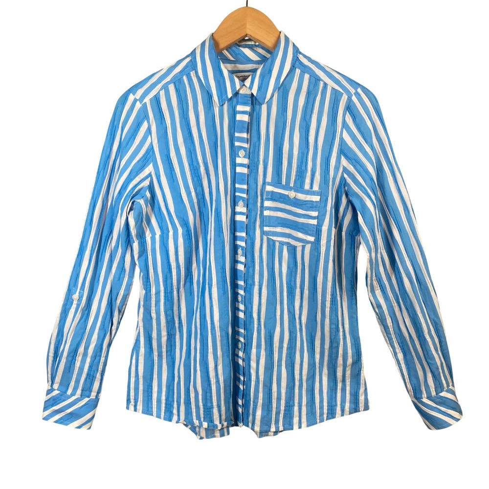 Foxcroft Striped Seersucker Button Down Shirt Womens 6‎ Preppy Coastal Nautical